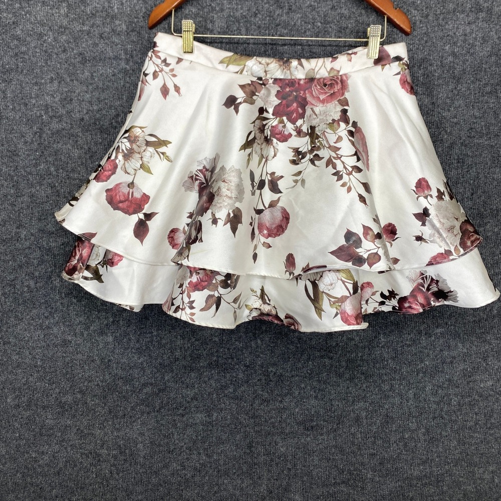 City Vibe Floral Satin Tiered Mini Skirt Cream Burgundy Rose Size 13